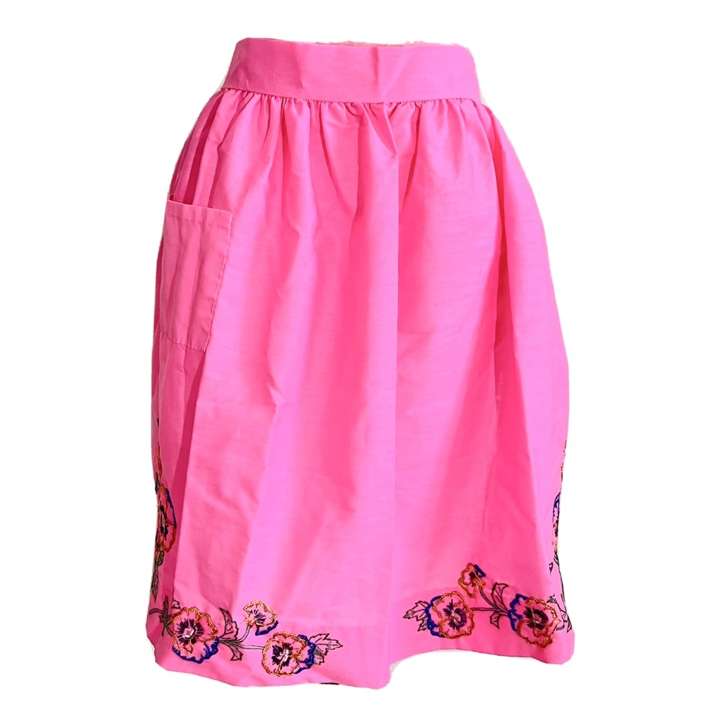Vintage 60s Bright Pink Embroidered House Wife Belted Apron Skirt